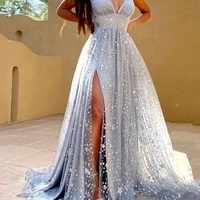 SP1927,Spaghetti straps long prom dress,silver evening gown,starry long prom dresses - Thumbnail 1