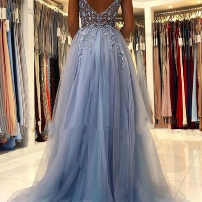 Sp1928,luxury beaded tulle prom dress,v-neck spaghetti straps evening dress with side slit - Thumbnail 3