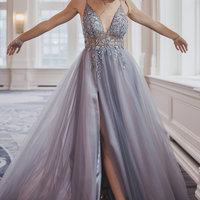 SP1928,Luxury beaded tulle prom dress,v-neck spaghetti straps evening dress with side slit - Thumbnail 1