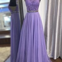 SP1934,Halter purple lace prom dresses,chiffon sheath full length evening long dress - Thumbnail 1