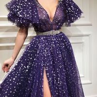 SP1939,Navy Blue Starry A-Line Side Slit Prom Dresses,Sequin Tulle Long Prom Dress - Thumbnail 1