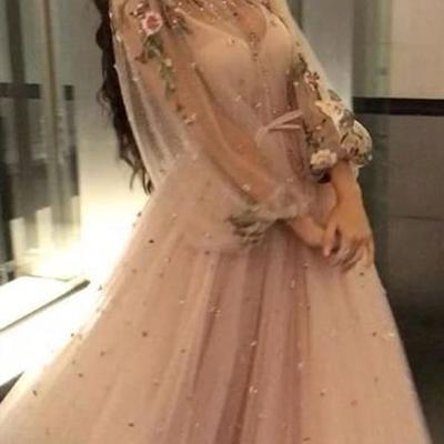 Sp1941,elegant pearl pink long sleeves prom dresses with appliques beaded - Thumbnail 2