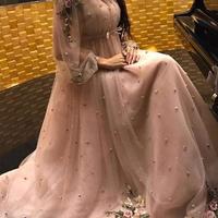 SP1941,Elegant Pearl Pink Long Sleeves Prom Dresses With Appliques Beaded - Thumbnail 1