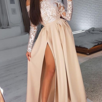 SP1938,Off the shoulder champagne long sleeves prom dress evening dress long with side slit - Thumbnail 1