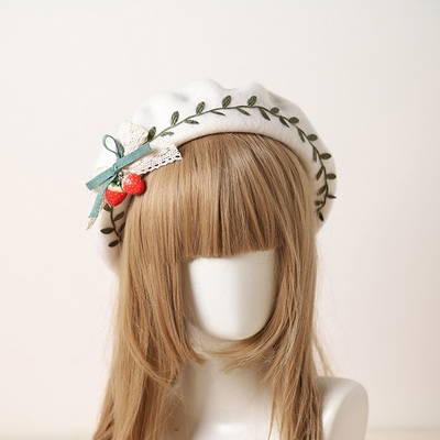 Cute winter christmas strawberry green leaves white beret hat
