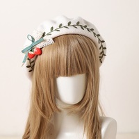 Cute Winter Christmas Strawberry Green Leaves White Beret Hat - Thumbnail 2