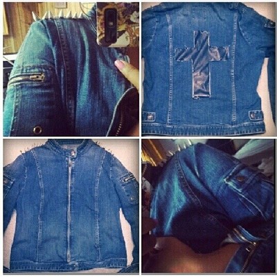 Spiked Crossback Stretch Denim Moto Jacket - Size Medium