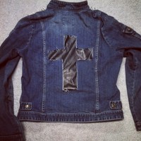Spiked Crossback Stretch Denim Moto Jacket - Size Medium - Thumbnail 1