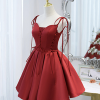 Burgundy satin lace-up short prom dress party dress - Thumbnail 1
