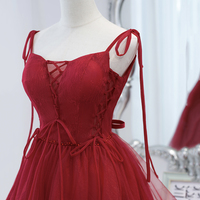 Burgundy tulle lace-up short prom dress party dress - Thumbnail 1