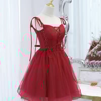 Burgundy tulle lace-up short prom dress party dress - Thumbnail 2