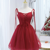 Burgundy tulle lace-up short prom dress party dress - Thumbnail 4