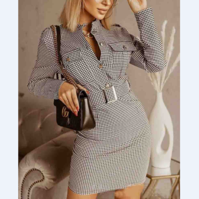 Fashion plaid zip long sleeve dress - Thumbnail 1