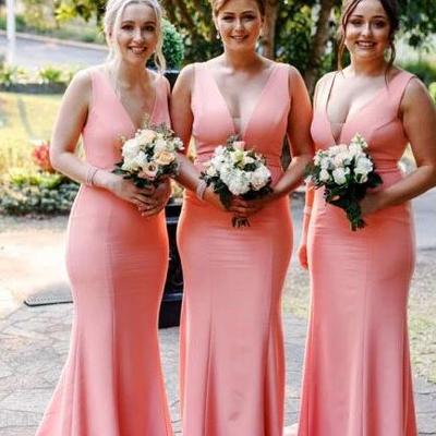 Simple mermaid v neck pink long bridesmaid dress - Thumbnail 4