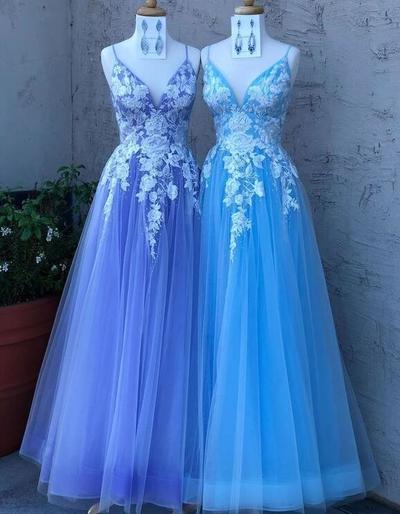 A Line Spaghetti Straps Long Prom Dress With Lace Appliques