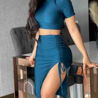 Pure Color Ladies Short Sleeve Two-piece Set - Thumbnail 1