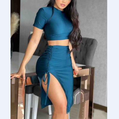 Pure color ladies short sleeve two-piece set
