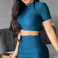 Pure Color Ladies Short Sleeve Two-piece Set - Thumbnail 2