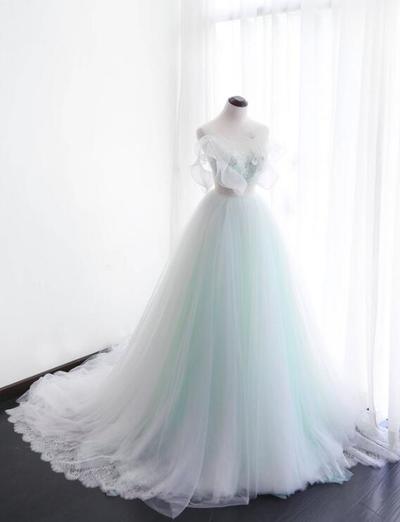 A-line Mermaid Backless Tulle Prom Dresses 