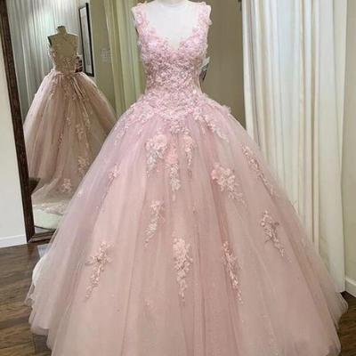 A line pink tulle long sweet 16 prom dress formal dress - Thumbnail 1