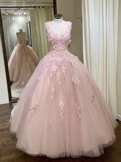 A Line Pink Tulle Long Sweet 16 Prom Dress Formal Dress