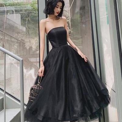 Charming strapless black satin tea length prom dress with pockets - Thumbnail 3