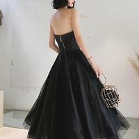 Charming Strapless Black Satin Tea Length Prom Dress With Pockets - Thumbnail 1
