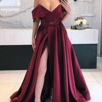 Open back burgundy satin long prom dresses with split - Thumbnail 2
