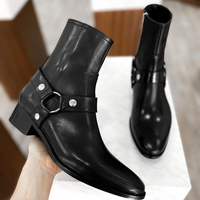 Men's Black Leather boots Buckle Boots Ankle Boots - Thumbnail 2