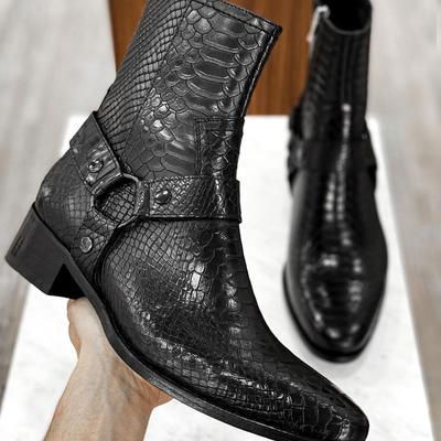 Men's black python leather shoes, buckle boots ankle boots