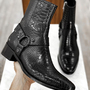 Men's Black Python Leather shoes, Buckle Boots Ankle Boots-1
