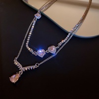 Luxury Pretty Girl Love Heart Crystal Double Chain Necklace - Thumbnail 4