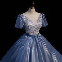 Blue satin long ball gown dress blue evening gown - Thumbnail 2