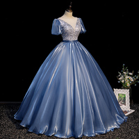 Blue satin long ball gown dress blue evening gown - Thumbnail 3