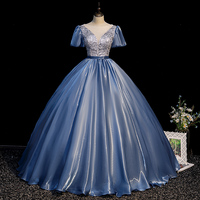 Blue satin long ball gown dress blue evening gown - Thumbnail 5