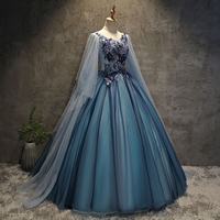 Blue tulle lace long ball gown dress blue evening gown - Thumbnail 1