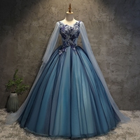 Blue tulle lace long ball gown dress blue evening gown - Thumbnail 5