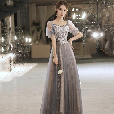 Cute tulle lace long prom dress a line evning dress - Thumbnail 1