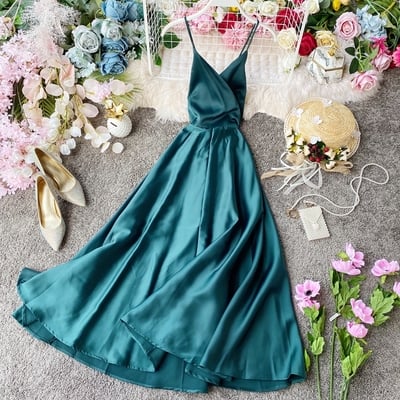 Simple v neck satin a line dress fashion dress