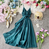Simple v neck satin A line dress fashion dress - Thumbnail 4