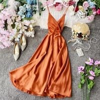 Simple v neck satin A line dress fashion dress - Thumbnail 8