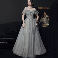 Gray tulle beads long prom dress A line evening gown - Thumbnail 1