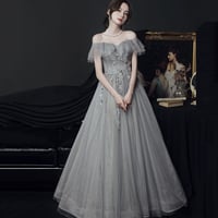 Gray tulle beads long prom dress A line evening gown - Thumbnail 2