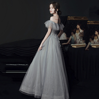 Gray tulle beads long prom dress A line evening gown - Thumbnail 3