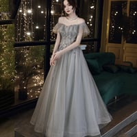 Gray tulle beads long prom dress A line evening gown - Thumbnail 4