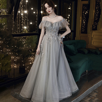 Gray tulle beads long prom dress A line evening gown - Thumbnail 5