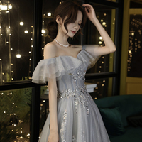 Gray tulle beads long prom dress A line evening gown - Thumbnail 7