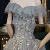 Gray tulle beads long prom dress A line evening gown - Thumbnail 8