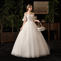 White tulle lace long prom dress A line evening gown - Thumbnail 1