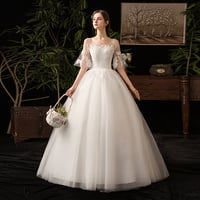 White tulle lace long prom dress A line evening gown - Thumbnail 2